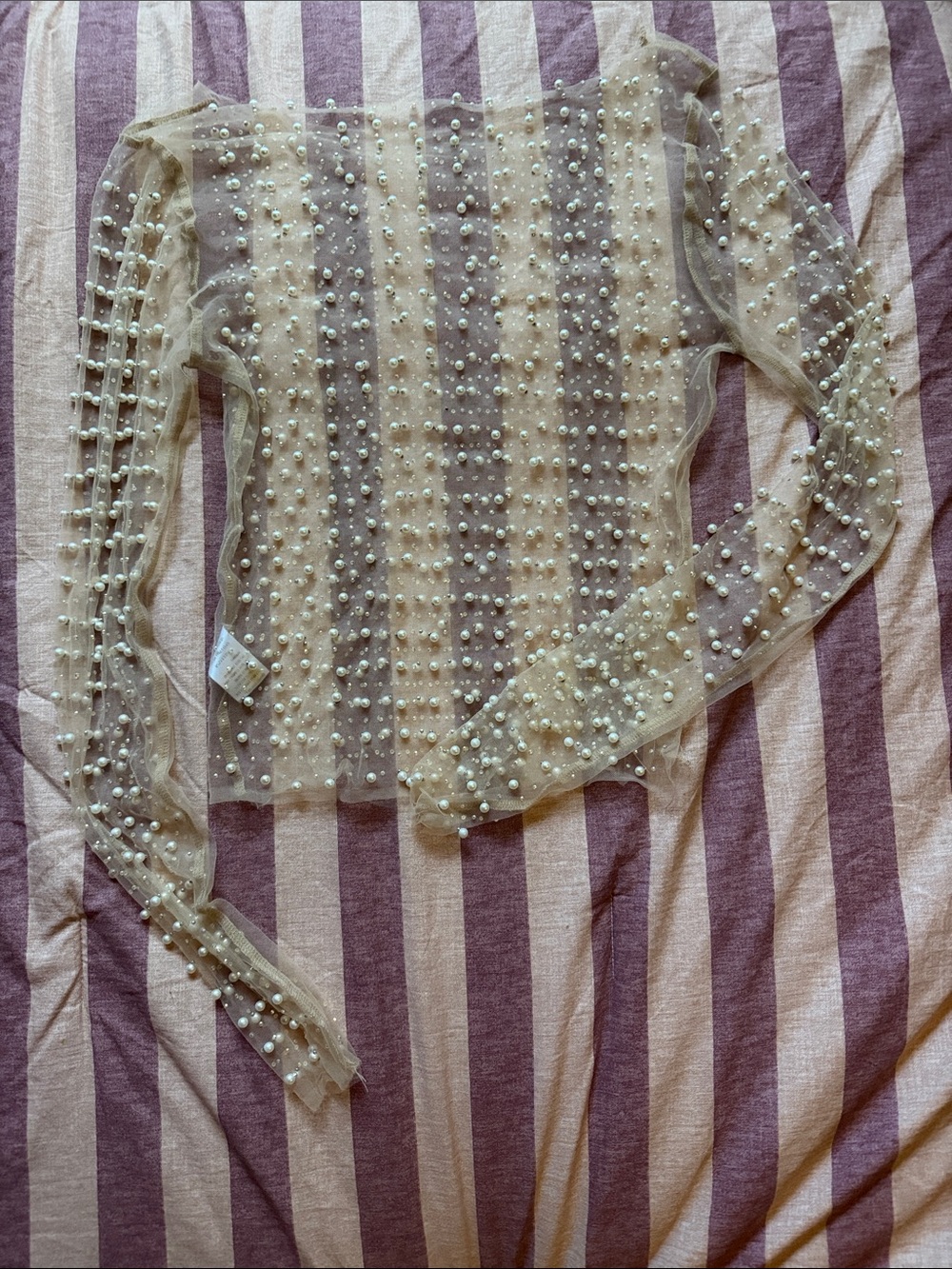 Sheer Pearl-Embellished Long Sleeve Blouse - Ivory